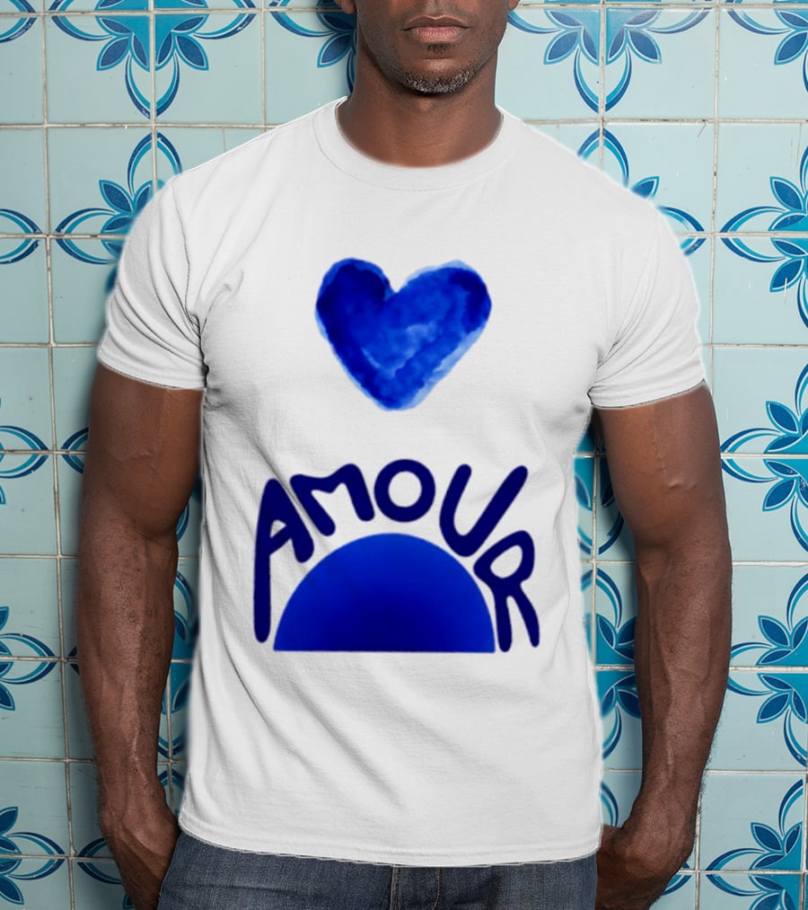 Amour Blue Heart French Love Watercolor T-Shirt