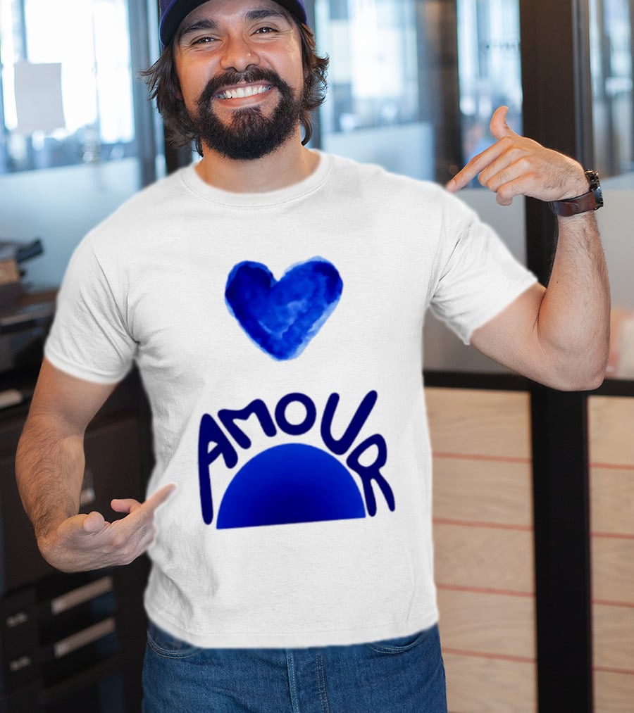 Amour Blue Heart French Love Watercolor T-Shirt