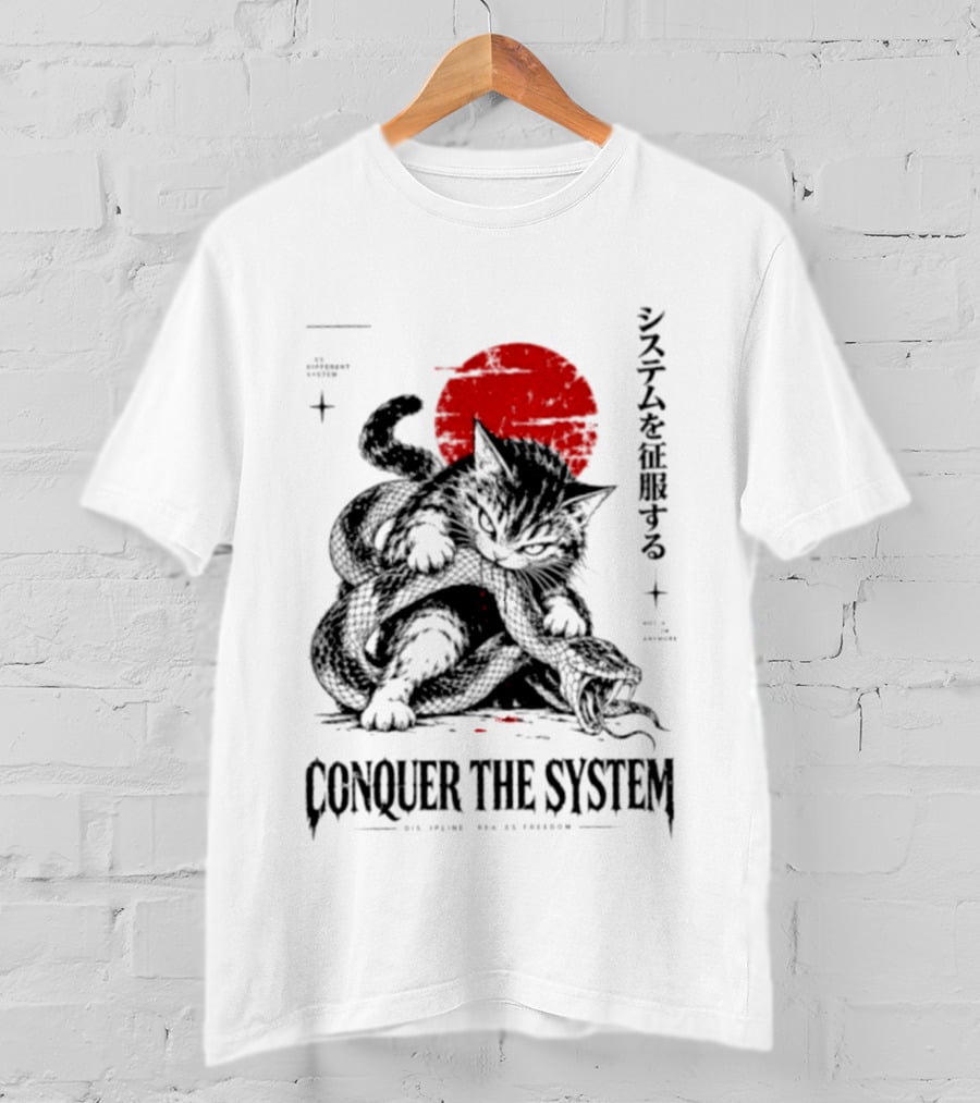 Cat Conquer The System Discipline Creates Freedom Japanese Style Red Sun T-Shirt