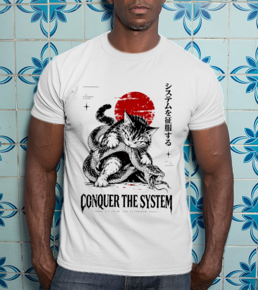 Cat Conquer The System Discipline Creates Freedom Japanese Style Red Sun T-Shirt