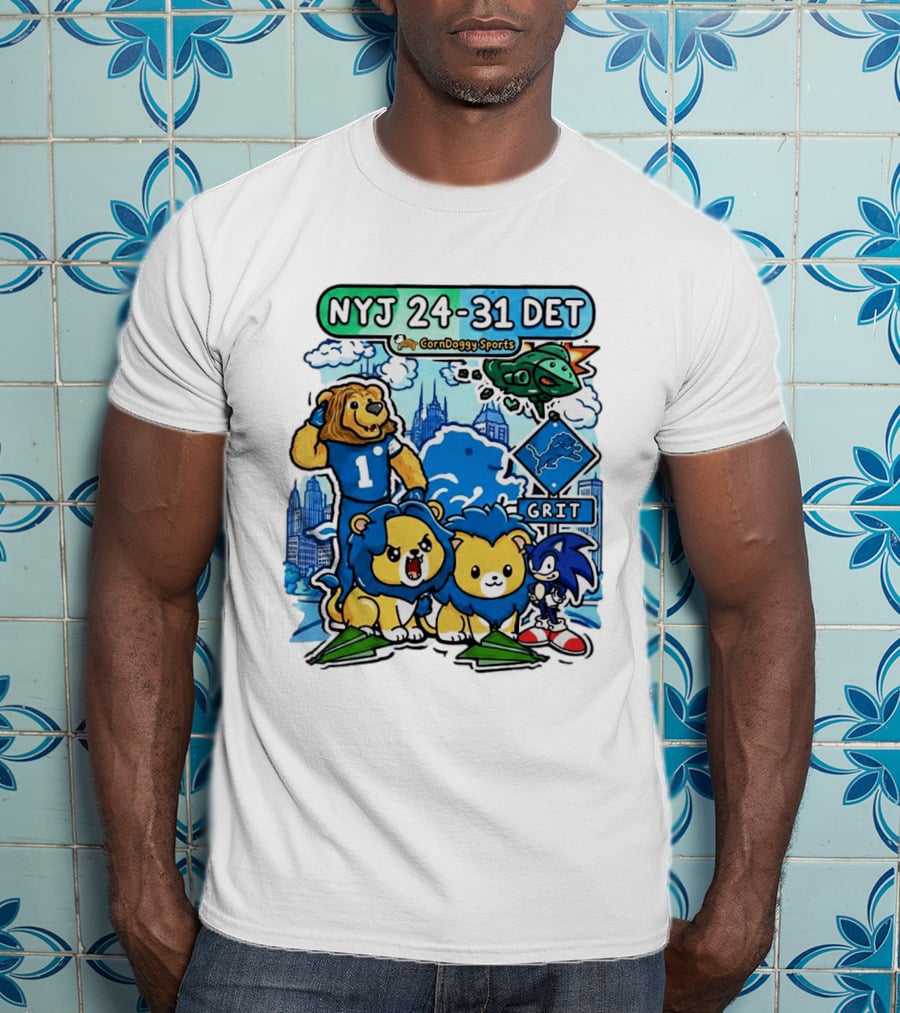 NYJ 24 31 DET Corndoggy Sports Grit Lions Cityscape T-Shirt