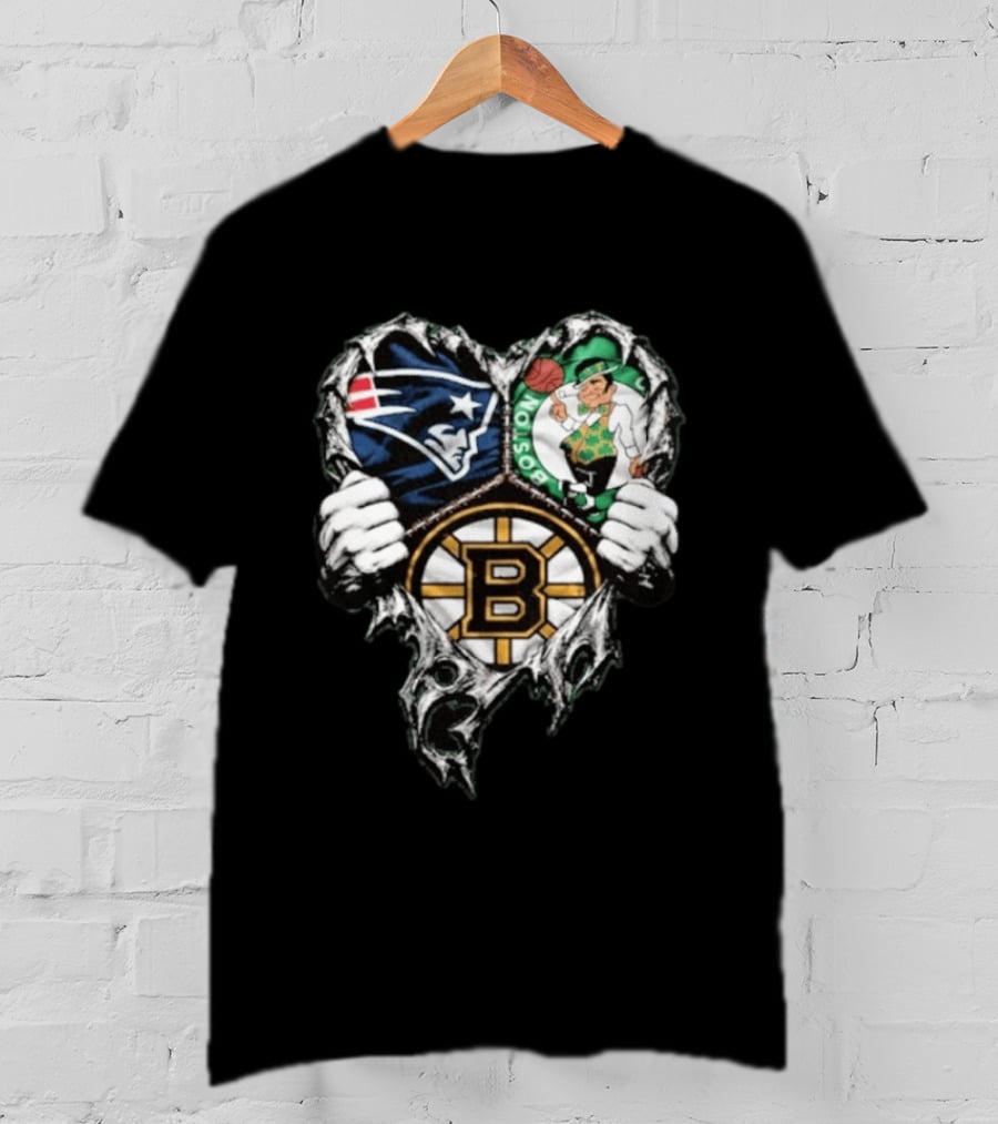 New England Patriots Boston Celtics Boston Bruins Ripped Heart Triple Team Sports T-Shirt