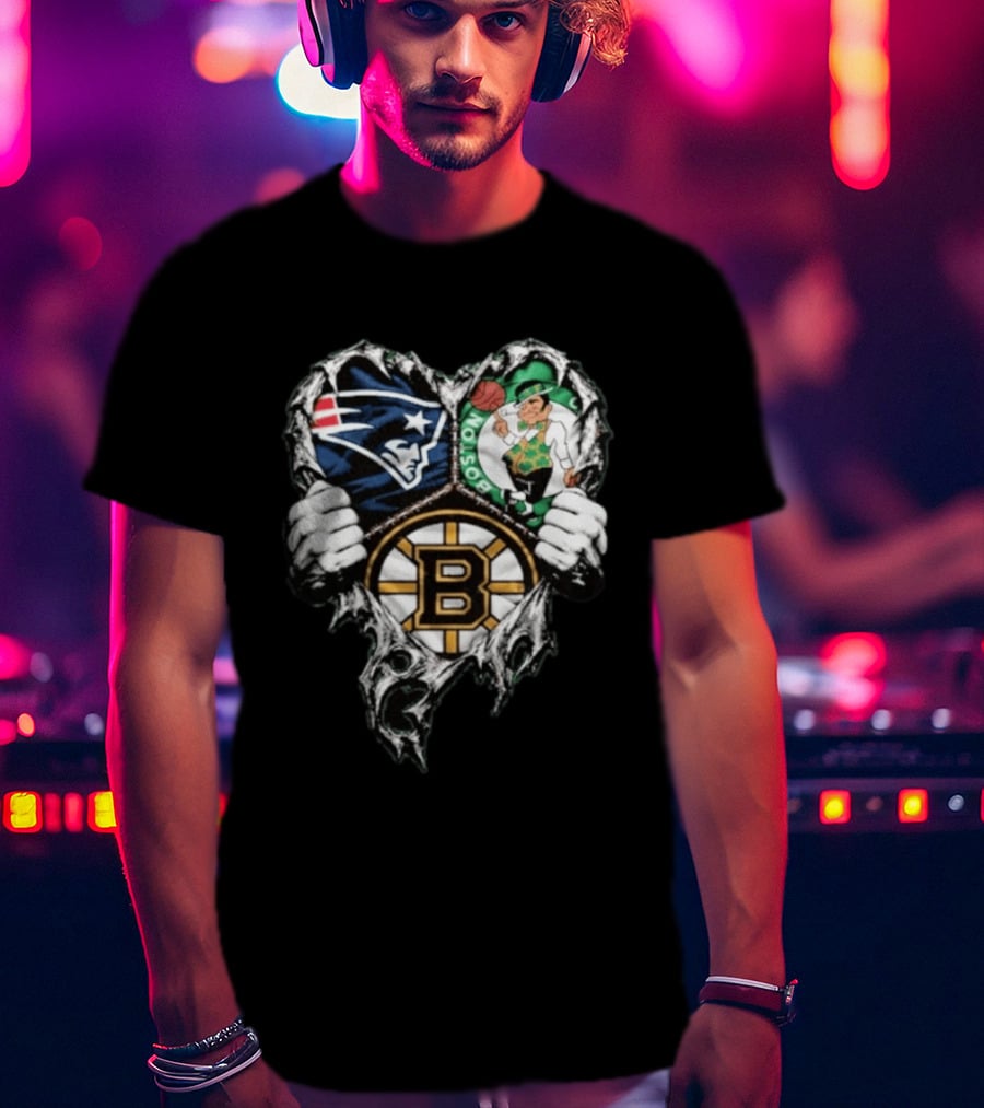 New England Patriots Boston Celtics Boston Bruins Ripped Heart Triple Team Sports T-Shirt