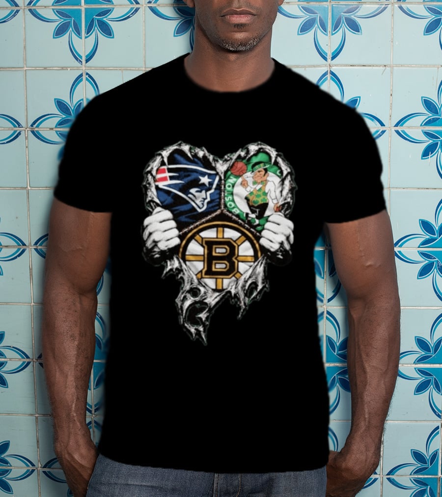 New England Patriots Boston Celtics Boston Bruins Ripped Heart Triple Team Sports T-Shirt