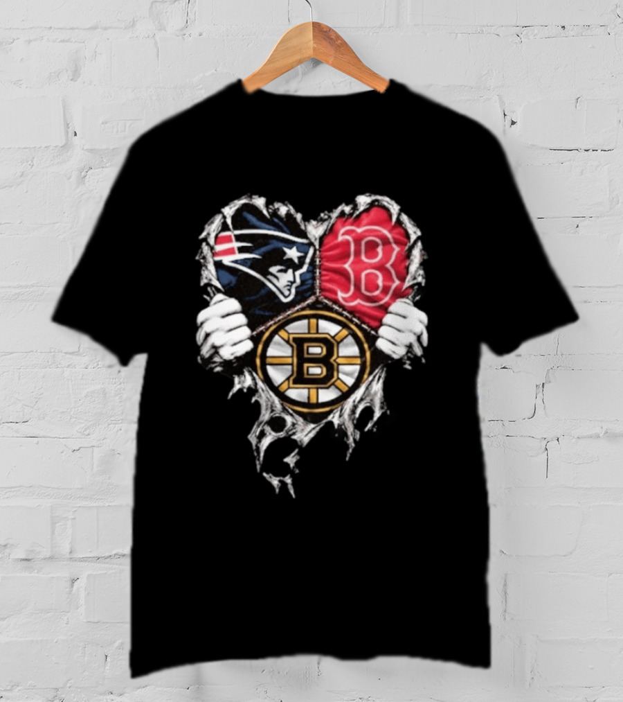 New England Patriots Boston Red Sox Boston Bruins Heart Iconic Trio T-Shirt