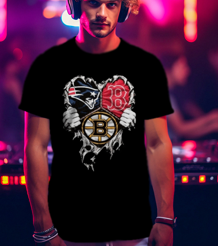 New England Patriots Boston Red Sox Boston Bruins Heart Iconic Trio T-Shirt