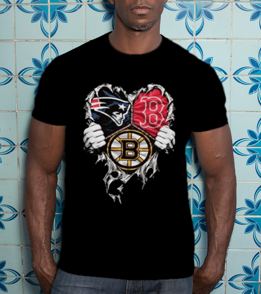 New England Patriots Boston Red Sox Boston Bruins Heart Iconic Trio T-Shirt