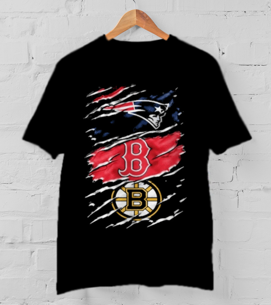 New England Patriots Boston Red Sox Boston Bruins Ripped Distressed Triple Team Sports T-Shirt