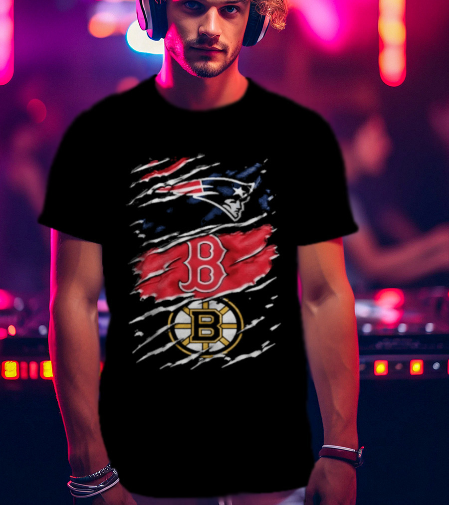 New England Patriots Boston Red Sox Boston Bruins Ripped Distressed Triple Team Sports T-Shirt