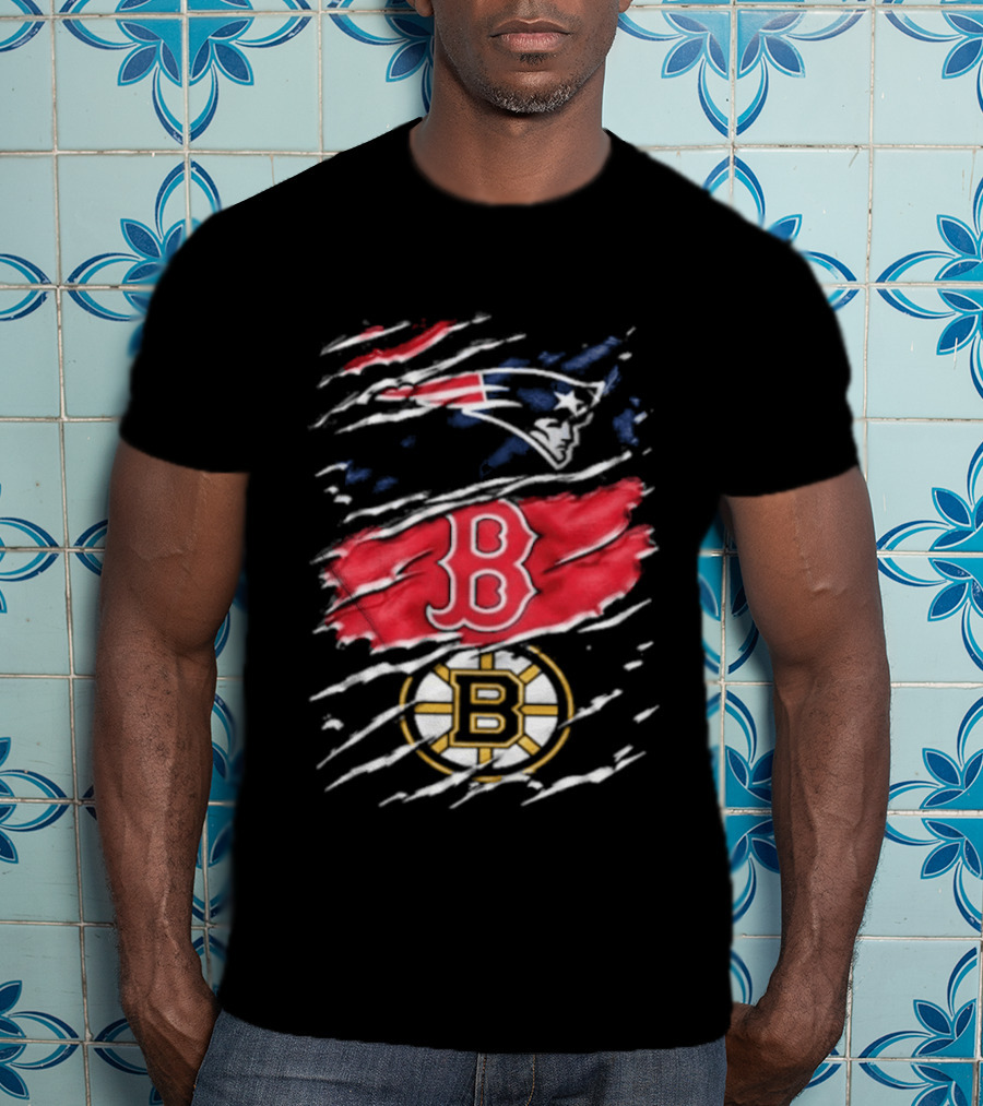 New England Patriots Boston Red Sox Boston Bruins Ripped Distressed Triple Team Sports T-Shirt