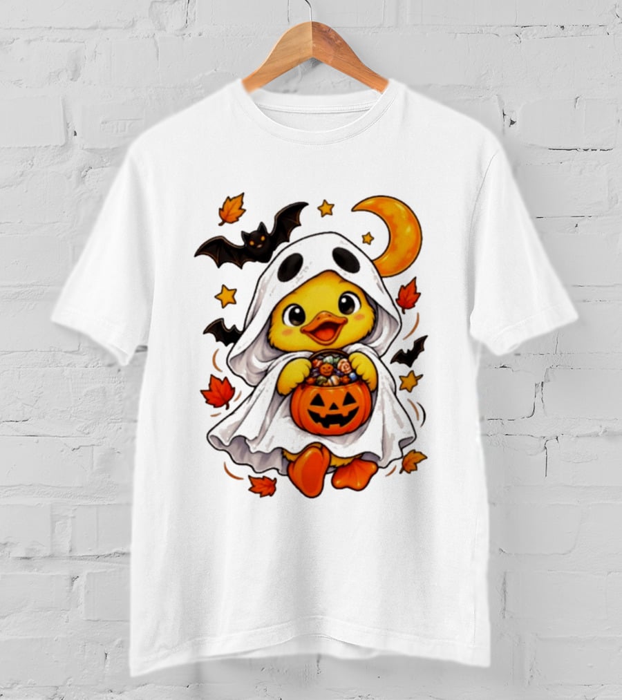Ghost Ducking With Halloween Pumpkin Candy Bucket Bat Moon And Stars T-Shirt