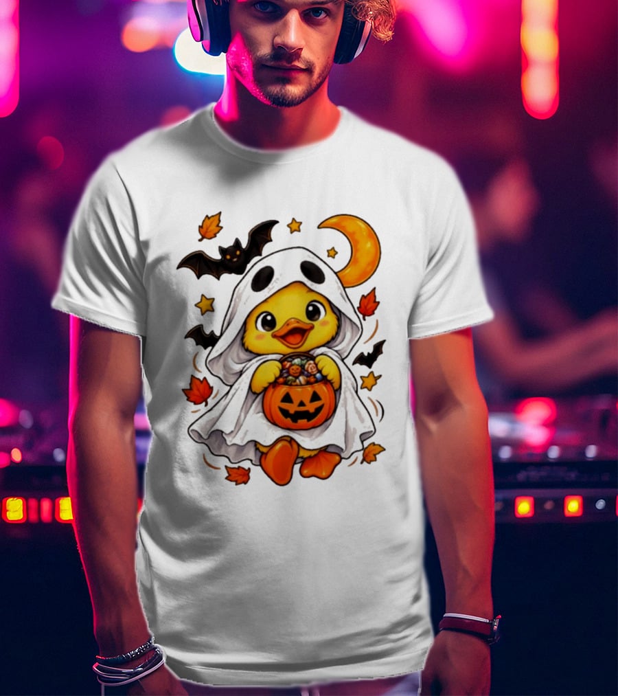 Ghost Ducking With Halloween Pumpkin Candy Bucket Bat Moon And Stars T-Shirt
