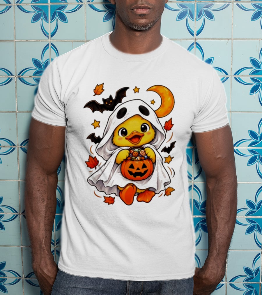 Ghost Ducking With Halloween Pumpkin Candy Bucket Bat Moon And Stars T-Shirt