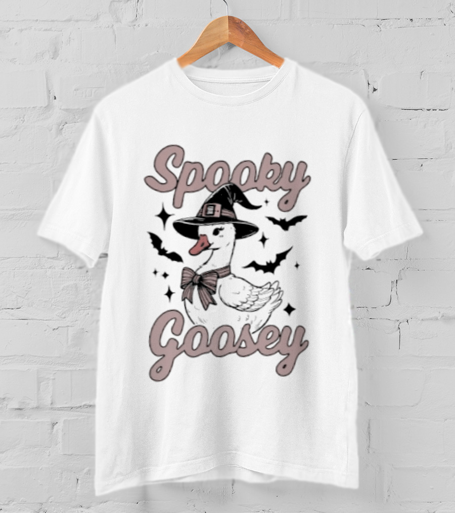 Spooky Goosey Witch Hat Bow Halloween Bats And Stars T-Shirt