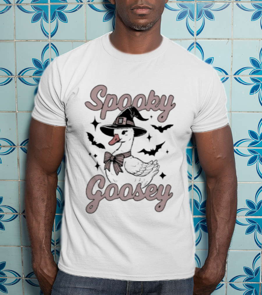 Spooky Goosey Witch Hat Bow Halloween Bats And Stars T-Shirt
