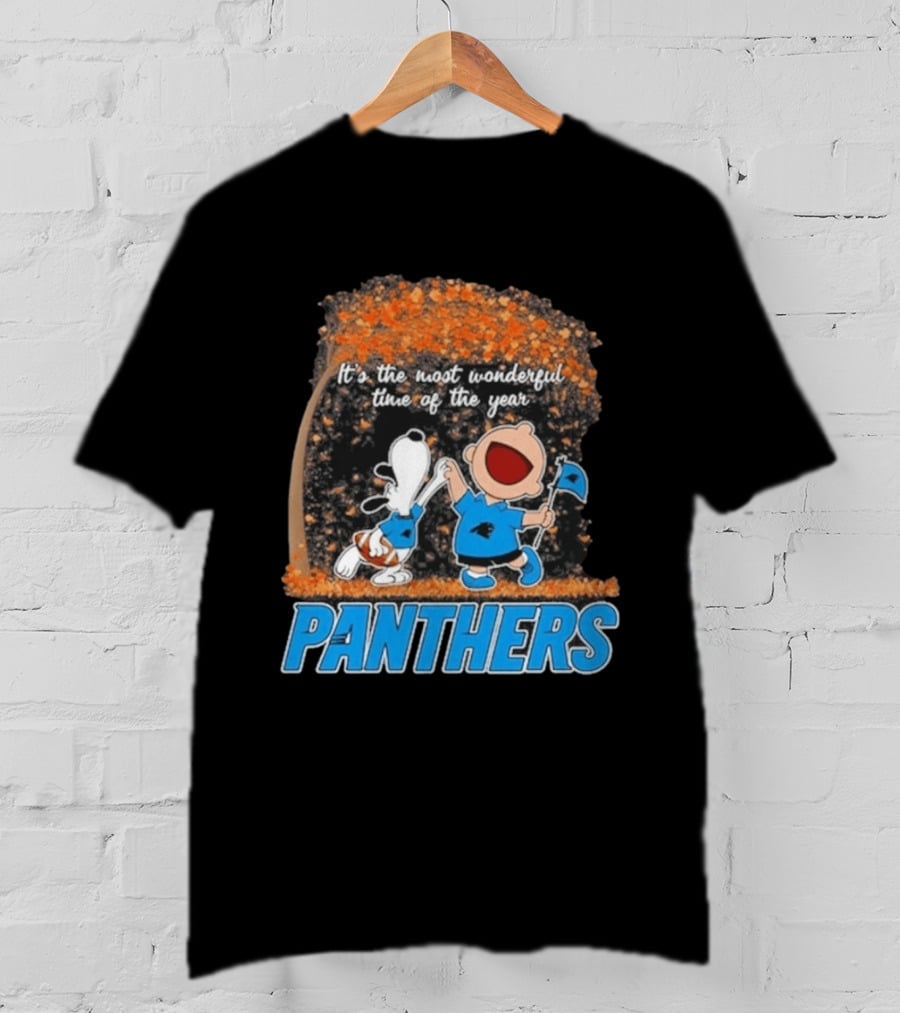 Carolina Panthers Snoopy Charlie Brown Dancing It's The Most Wonderful Time Of The Year 2026 T-Shirt