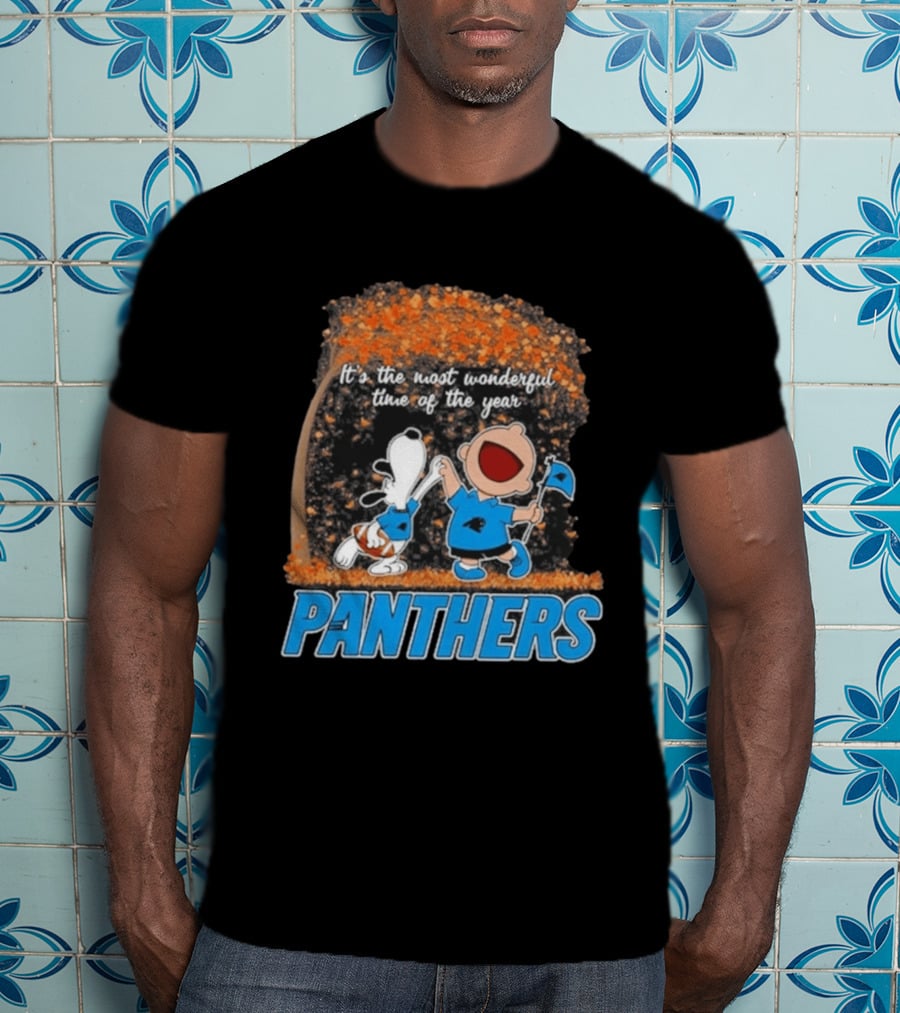 Carolina Panthers Snoopy Charlie Brown Dancing It's The Most Wonderful Time Of The Year 2026 T-Shirt