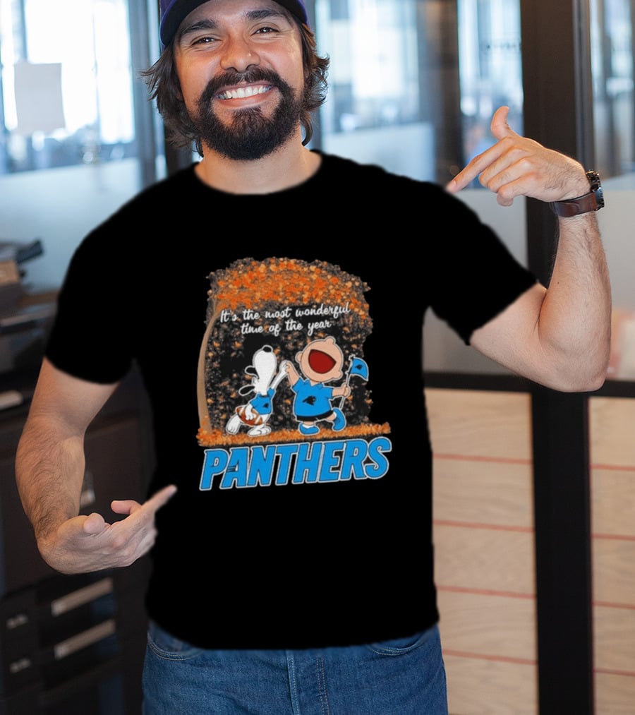Carolina Panthers Snoopy Charlie Brown Dancing It's The Most Wonderful Time Of The Year 2026 T-Shirt