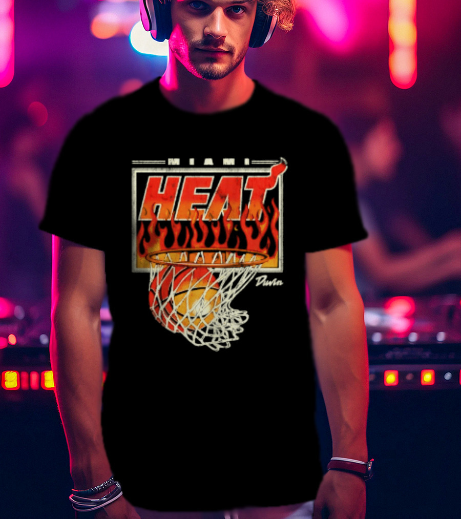 Miami Heat Duvin Basketball NBA Flaming Hoop And Ball T-Shirt