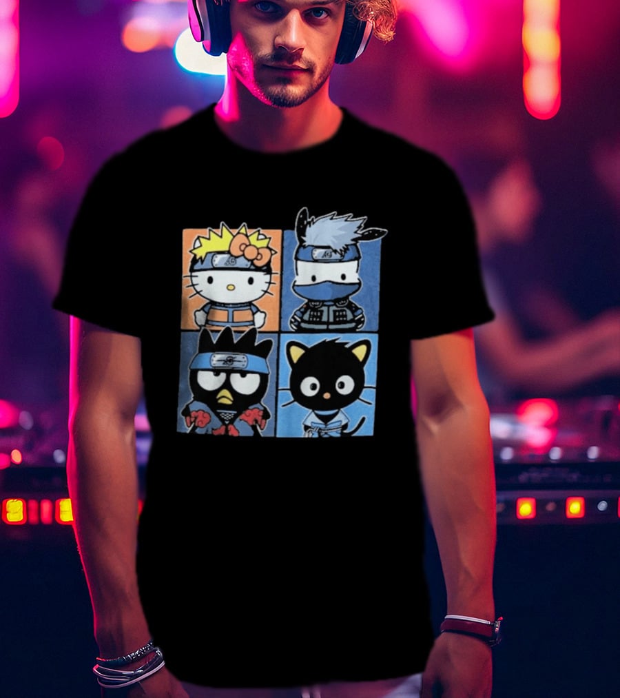 Naruto Shippuden Hello Kitty Friends Crossover Featuring Iconic Characters In Ninja Attire T-Shirt