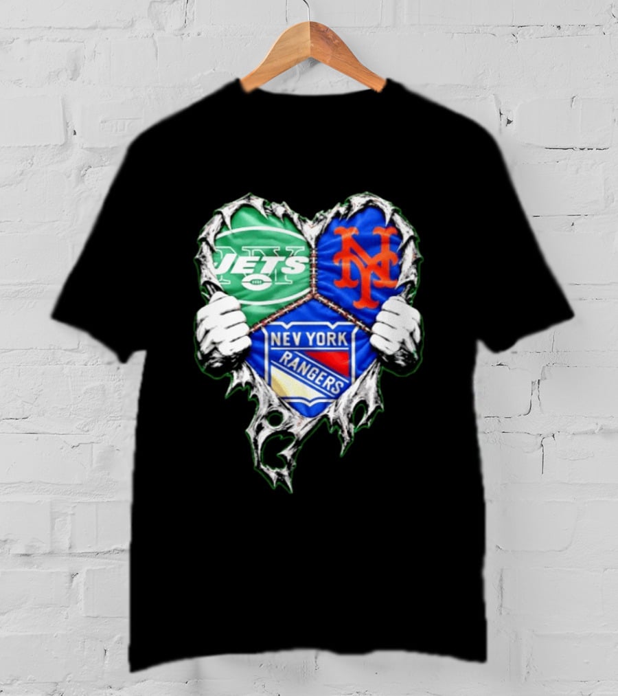 New York Jets Mets Rangers Heart Mashup Scratch T-Shirt