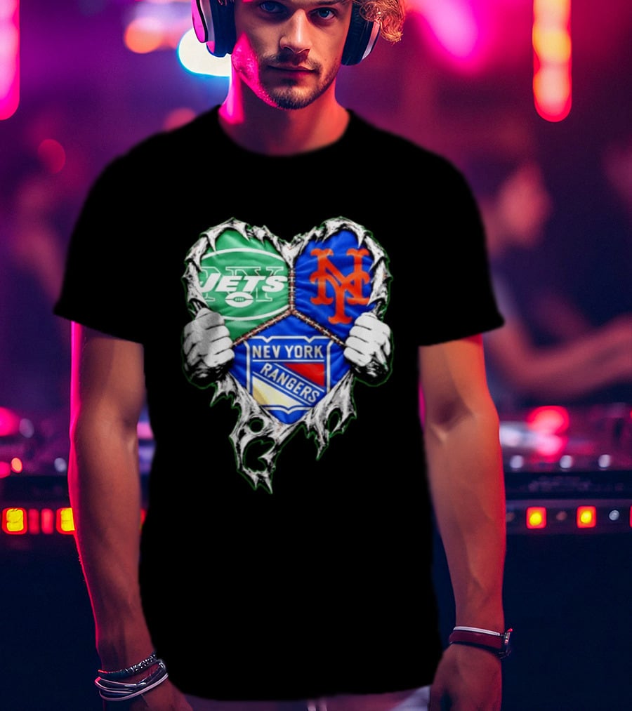 New York Jets Mets Rangers Heart Mashup Scratch T-Shirt