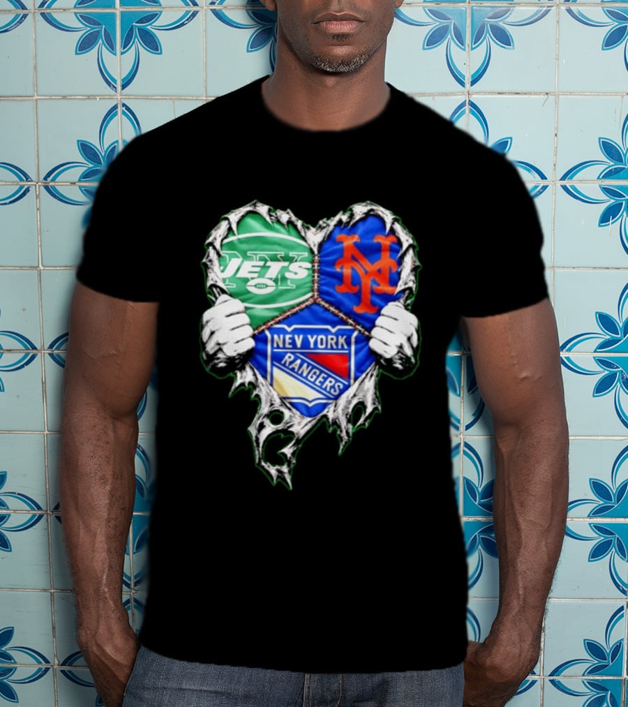 New York Jets Mets Rangers Heart Mashup Scratch T-Shirt