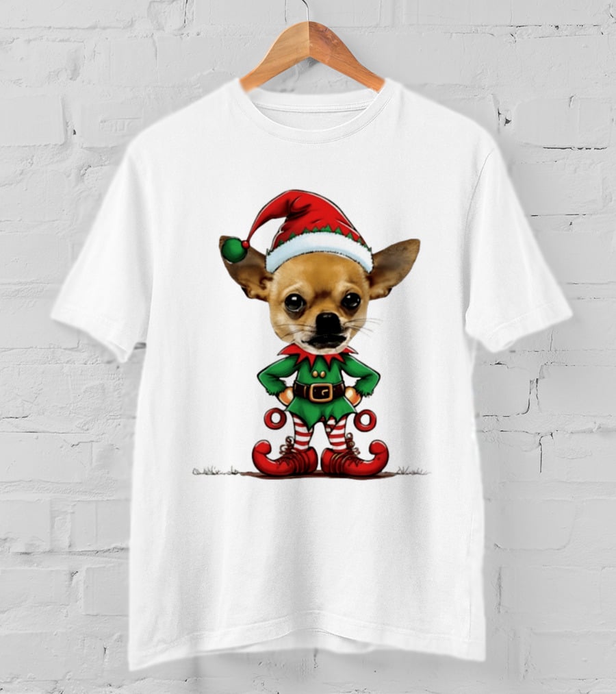 Chihuahua Elf Christmas 2026 Humor Meme Festive Dog In Santa Hat And Green Elf Outfit T-Shirt
