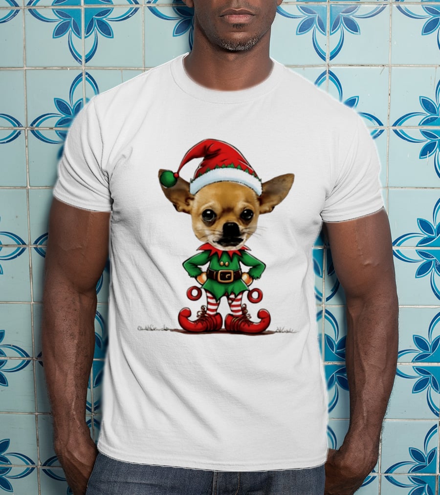 Chihuahua Elf Christmas 2026 Humor Meme Festive Dog In Santa Hat And Green Elf Outfit T-Shirt