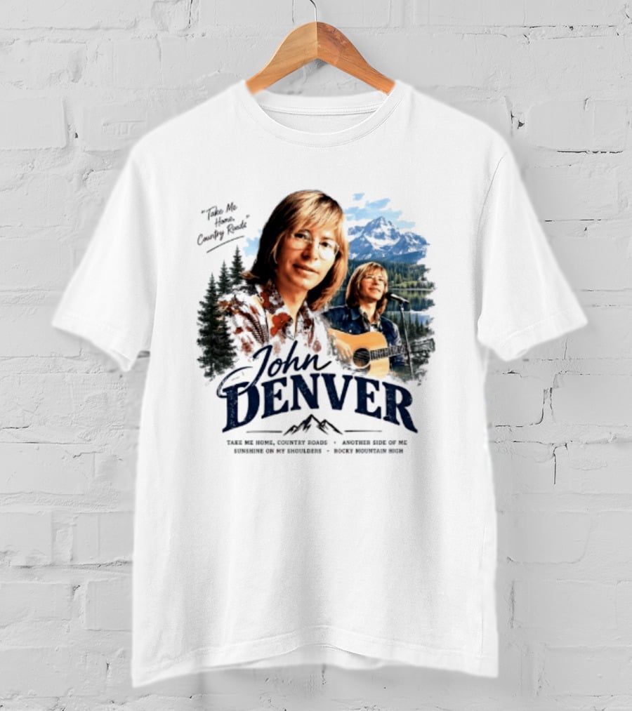 John Denver Take Me Home Country Roads Lyrics Mountains Forest Guitar Scene T-Shirt