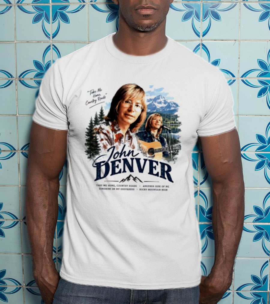 John Denver Take Me Home Country Roads Lyrics Mountains Forest Guitar Scene T-Shirt
