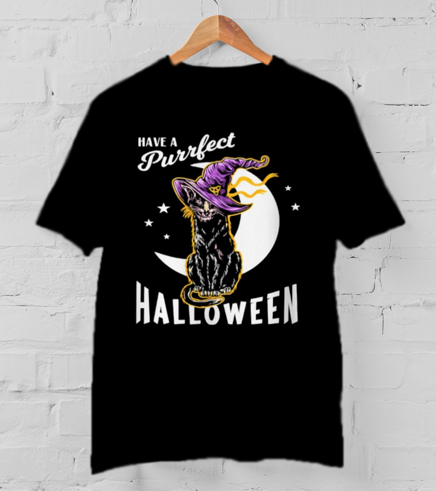 Have A Purrfect Halloween Black Cat And Moon With Witch Hat T-Shirt