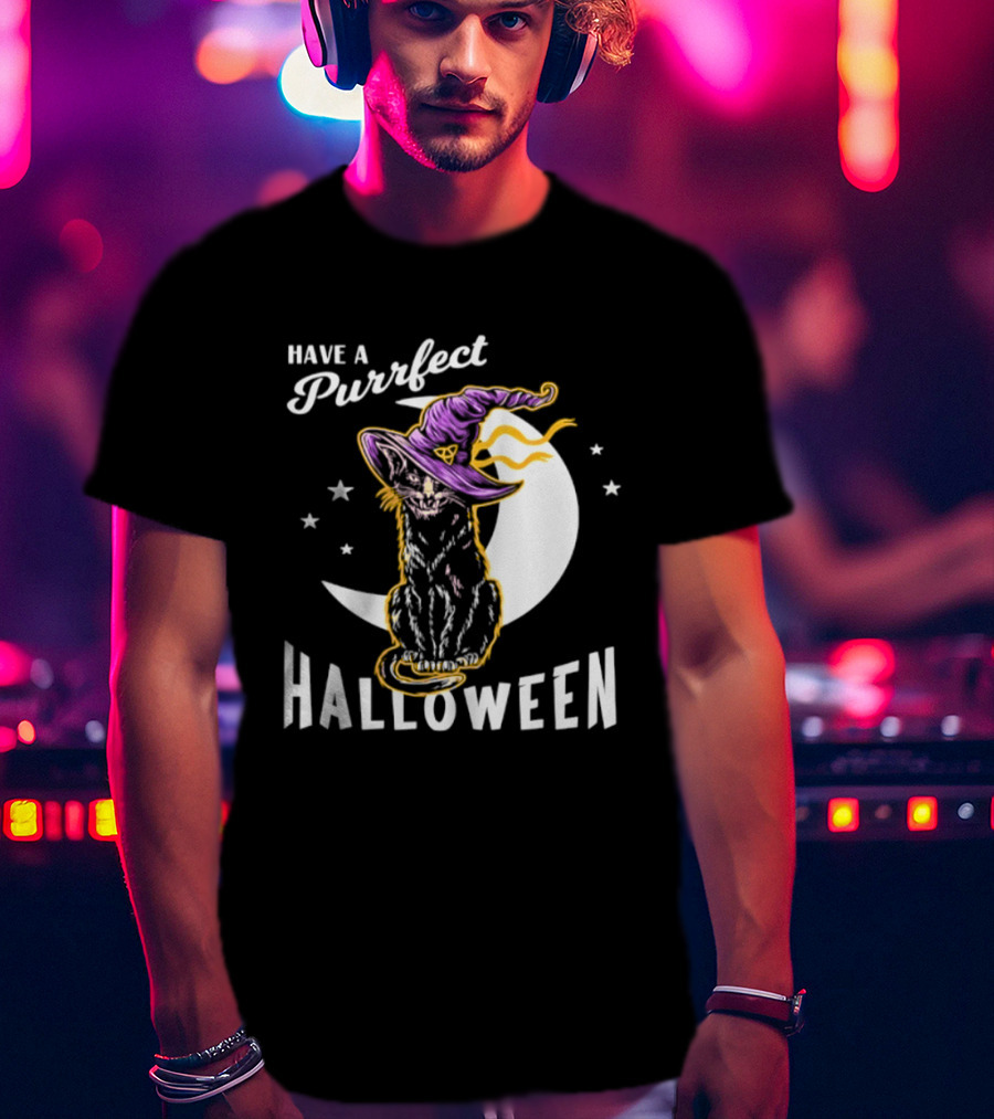 Have A Purrfect Halloween Black Cat And Moon With Witch Hat T-Shirt