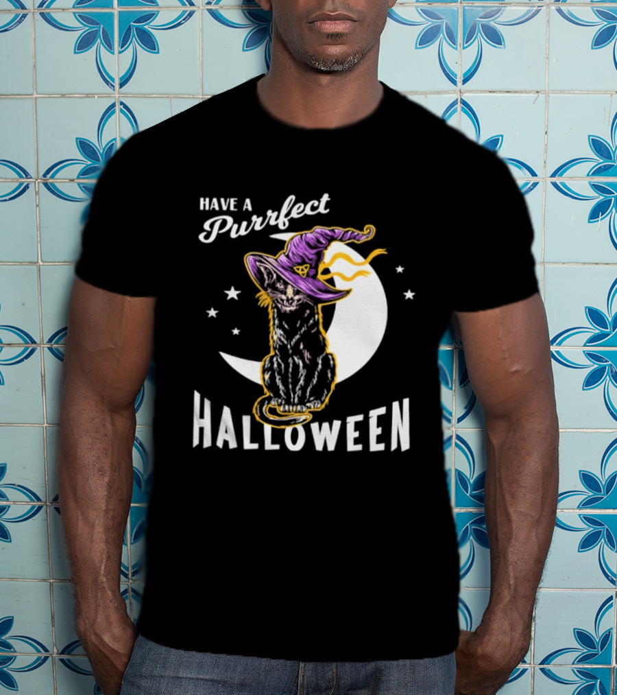 Have A Purrfect Halloween Black Cat And Moon With Witch Hat T-Shirt