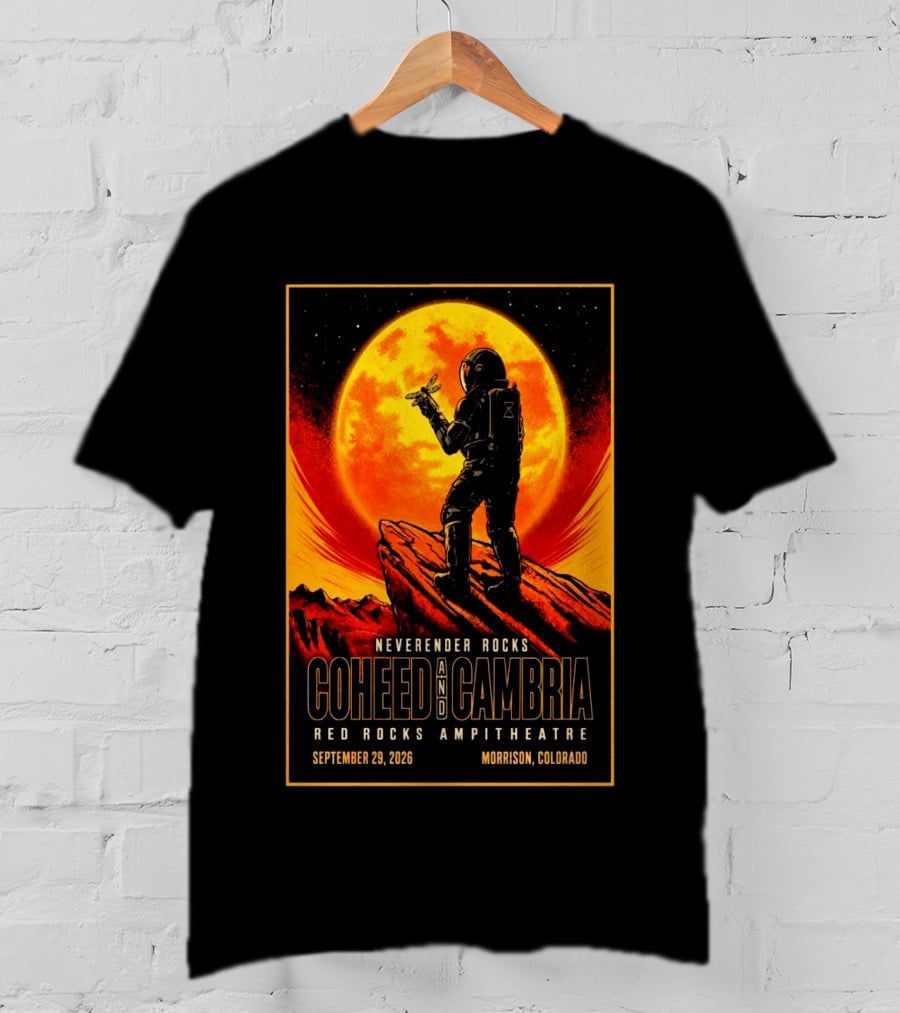 Neverender Rocks Coheed And Cambria Red Rocks Ampitheatre Morrison Colorado September 29 2026 Astronaut Orange Moon Scene T-Shirt