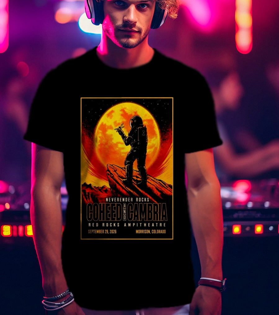 Neverender Rocks Coheed And Cambria Red Rocks Ampitheatre Morrison Colorado September 29 2026 Astronaut Orange Moon Scene T-Shirt