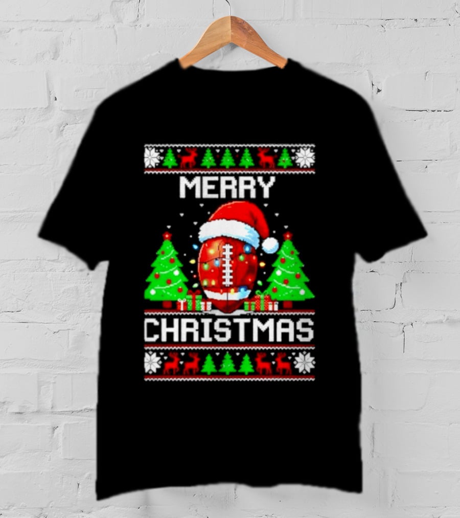 Merry Christmas Football Santa Hat Lights Festive Trees T-Shirt