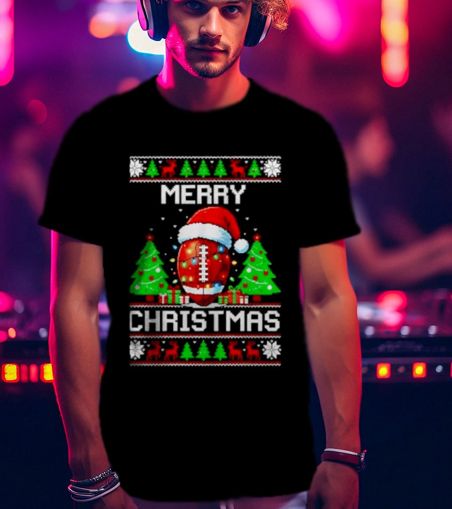 Merry Christmas Football Santa Hat Lights Festive Trees T-Shirt