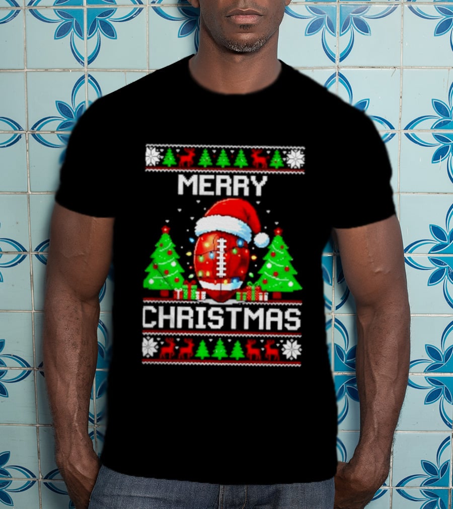 Merry Christmas Football Santa Hat Lights Festive Trees T-Shirt