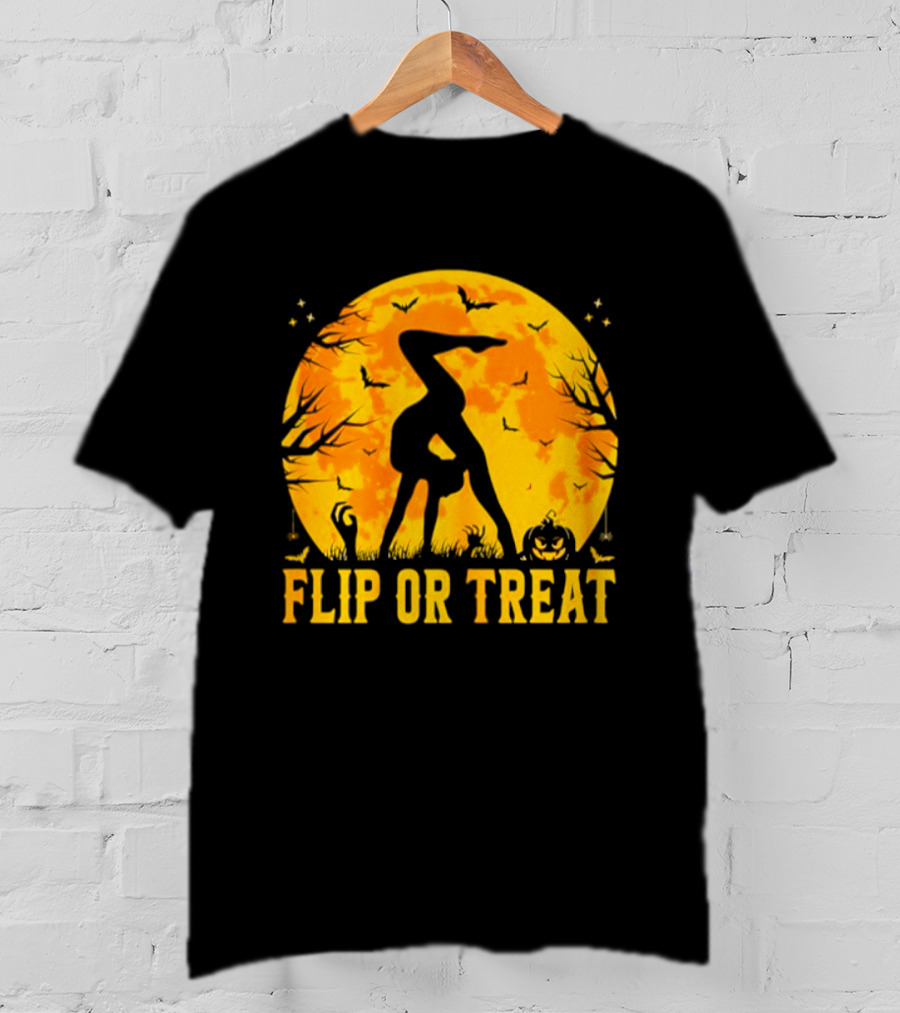 Flip Or Treat Halloween Gymnastics Moon Silhouette Spooky Pumpkin T-Shirt