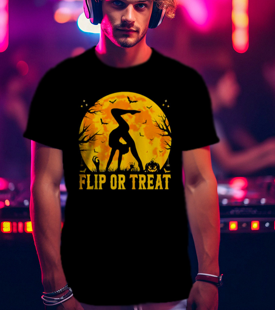 Flip Or Treat Halloween Gymnastics Moon Silhouette Spooky Pumpkin T-Shirt