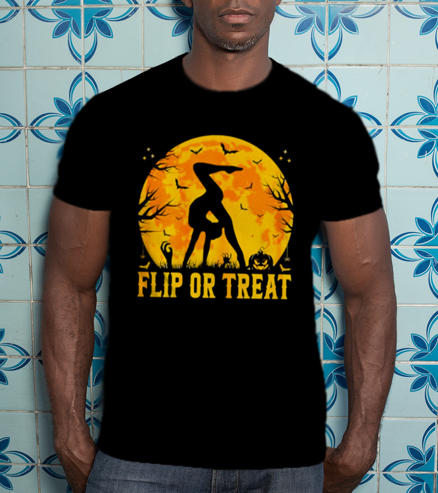 Flip Or Treat Halloween Gymnastics Moon Silhouette Spooky Pumpkin T-Shirt