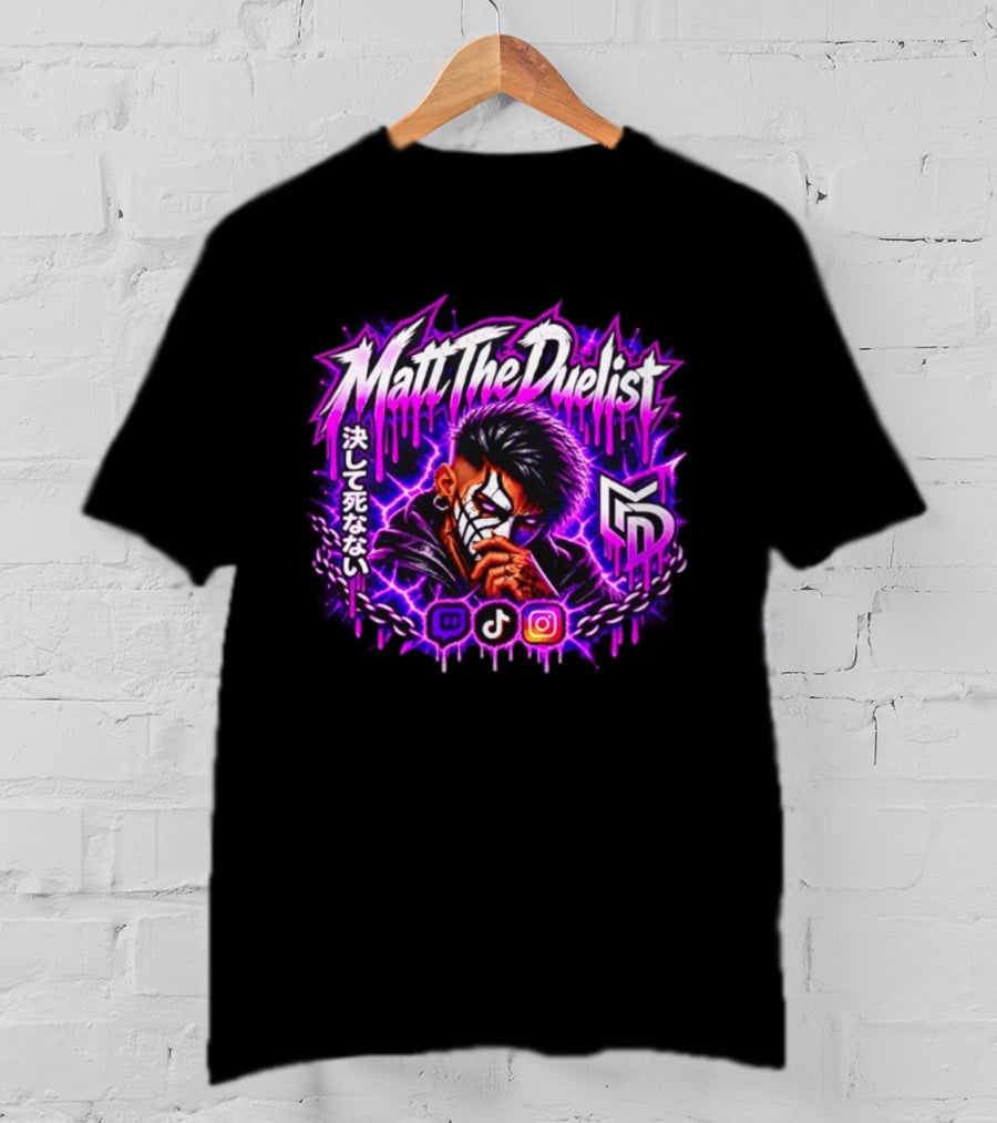 Matt The Duelist Freelance MTD Anime Gamer Mask Neon Purple Kanji T-Shirt