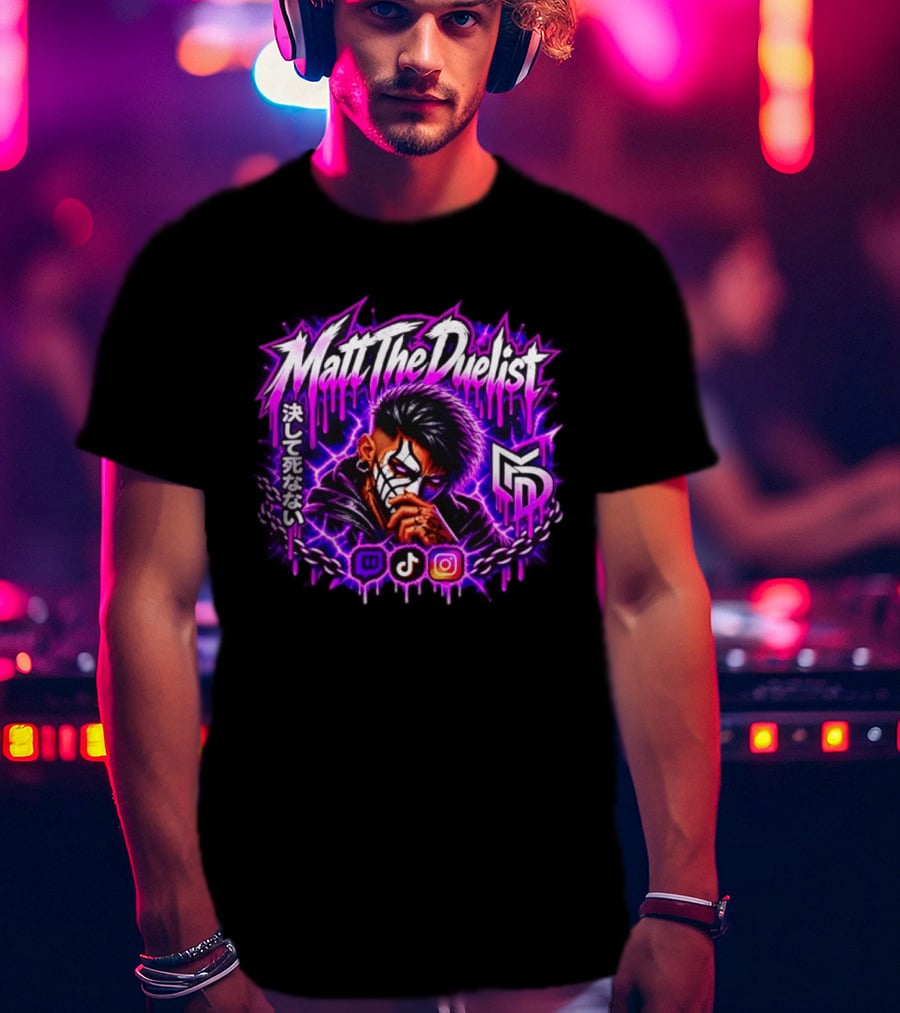 Matt The Duelist Freelance MTD Anime Gamer Mask Neon Purple Kanji T-Shirt