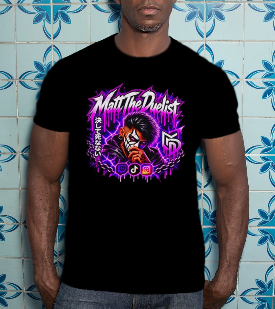 Matt The Duelist Freelance MTD Anime Gamer Mask Neon Purple Kanji T-Shirt