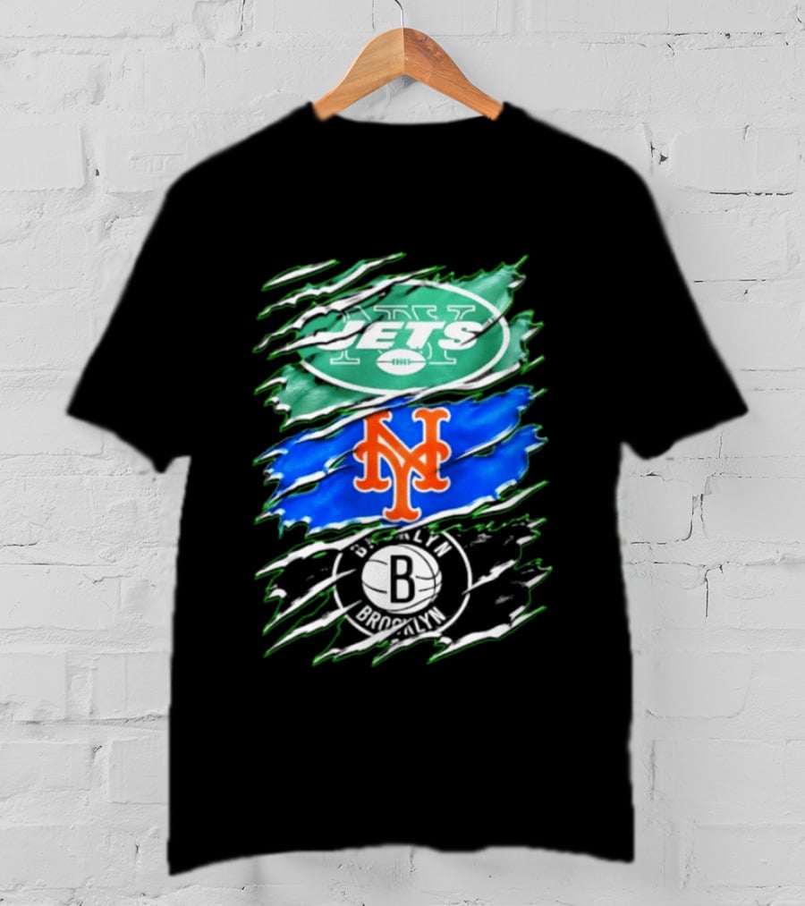 New York Jets Mets Brooklyn Nets Scratch Logo Mashup T-Shirt