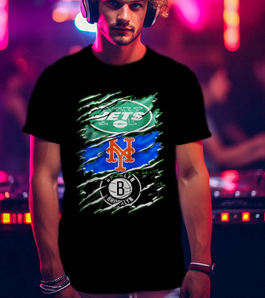 New York Jets Mets Brooklyn Nets Scratch Logo Mashup T-Shirt