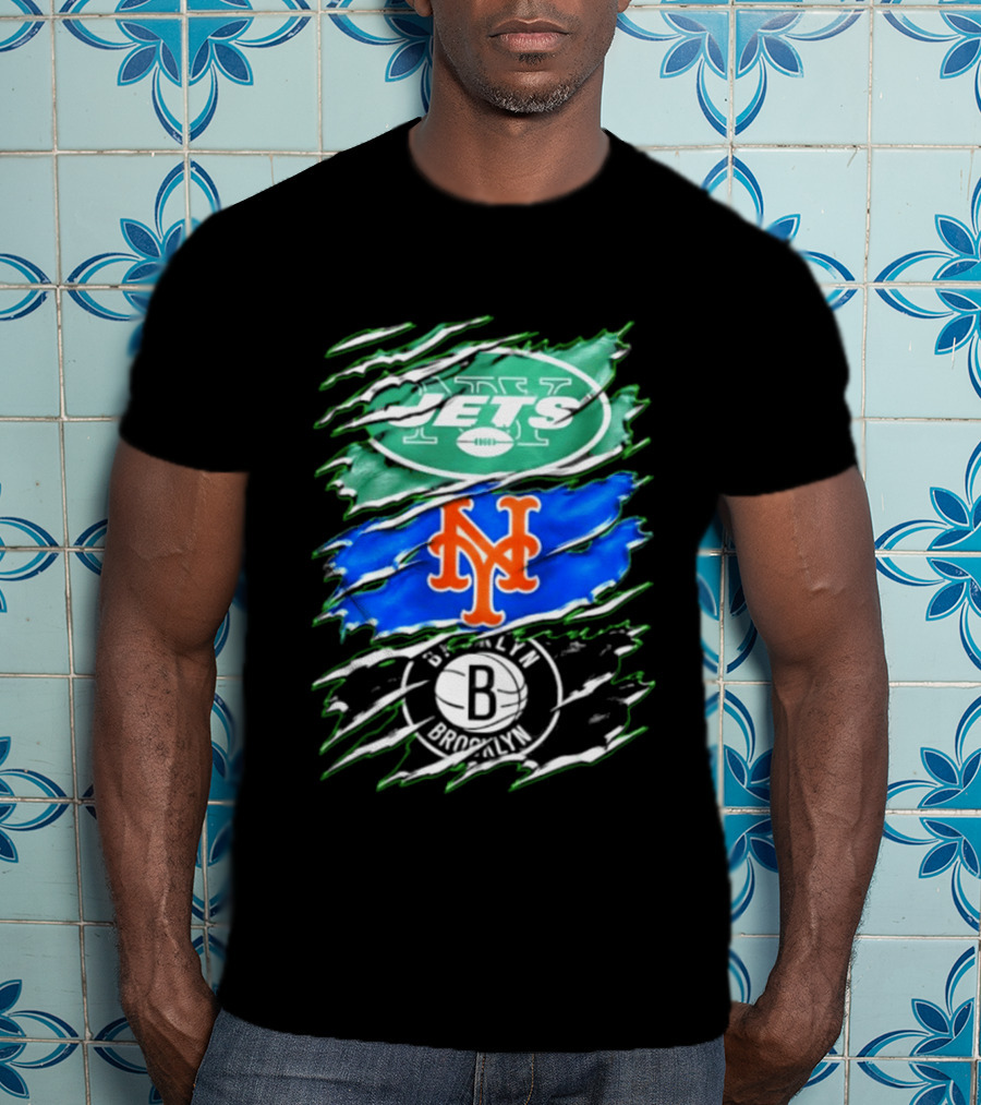 New York Jets Mets Brooklyn Nets Scratch Logo Mashup T-Shirt