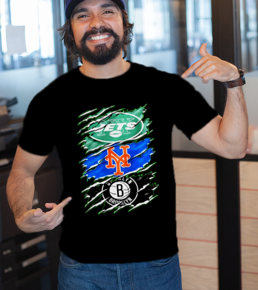 New York Jets Mets Brooklyn Nets Scratch Logo Mashup T-Shirt