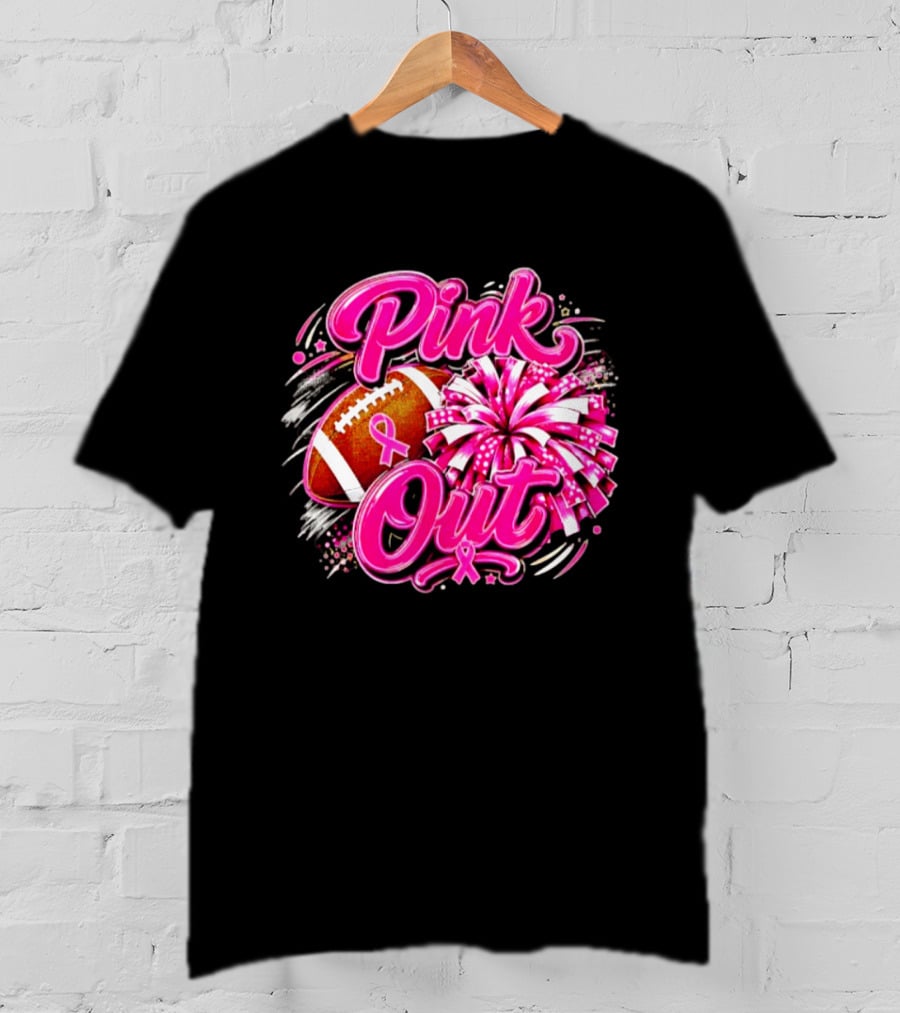 Pink Out Breast Cancer Awareness Football Cheerleading Pom Poms T-Shirt